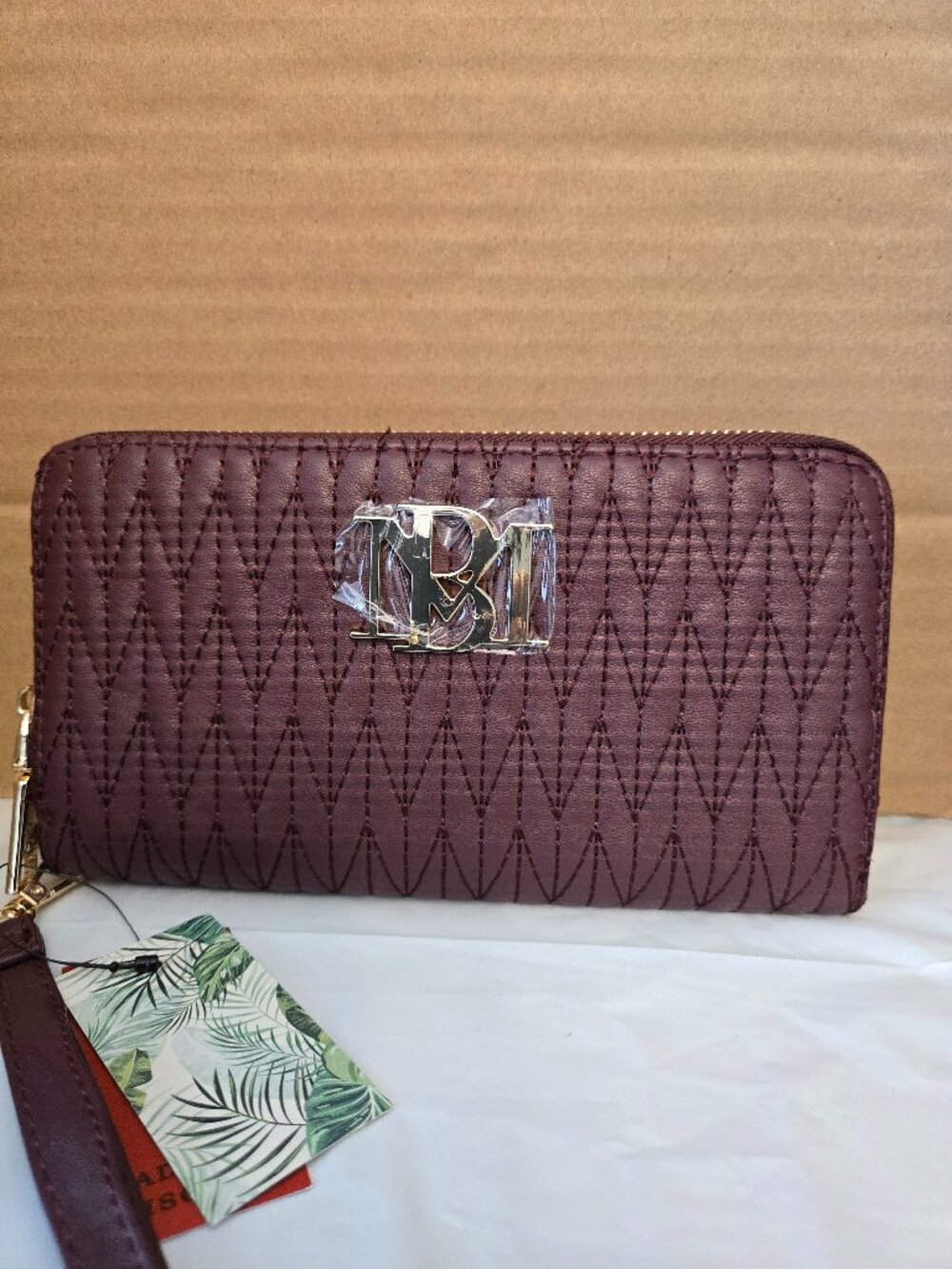 Badgley Mischka Burgundy Quilted Zip Around Wallet Wristlet NWT